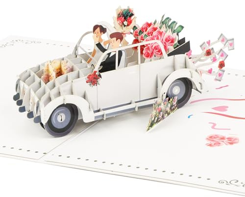 Vicloon Tarjeta de Boda 3D Coche de Boda,Pareja de Novios en El Coche de la Boda,Elegante Tarjeta de Felicitación para Boda y Matrimonio,Tarjeta de Boda Pop-Up con Sobre para Novios,Aniversarios