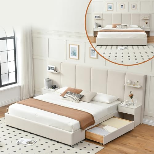 QNZK King Bed Frame with Storage & Built-in Nightstands, Velvet Upholstered Platform Bed Frame with Drawers & 2 Floating Storage Shelves, Noise-Free, No Box Spring Needed, Easy Assembly, Beige