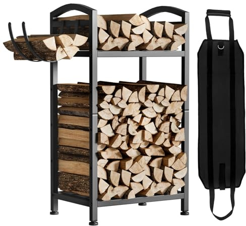 Yorbay Kaminholzregal Metall Innen Modern: 40,5 cm Breit Brennholzregal | Doppelschicht mit Haken und Kaminholztasche - Robustes Holzregal für Kamin und Flur- Kaminholz Aufbewahrung für Brennholz