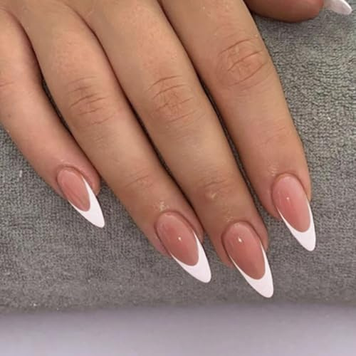 Unghie finte French Almond con colla – 24 pezzi di eleganti unghie artificiali French in colori nude, unghie artificiali French durevoli, asciugatura rapida, manicure a copertura completa