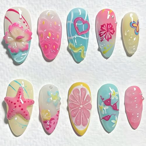Tropical Gradient Acrylic Nails With Floral Beach Designs - Long Oval Press On Nails For Women And Girls In Vibrant Summer Colours Featuring Fruit Slices Heart Starfish And Bikini Motifs