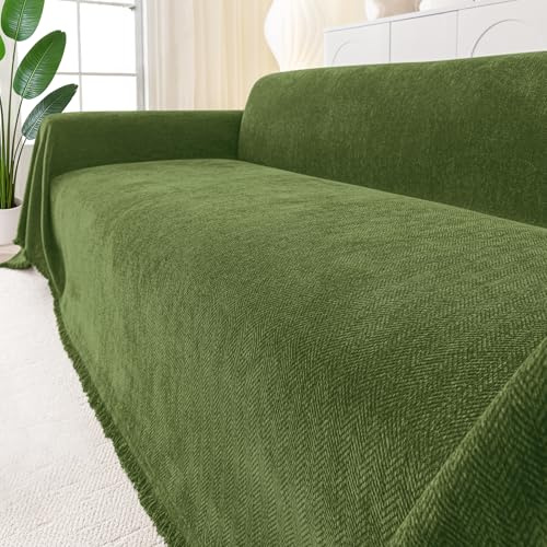 Smiry Couch Cover for Dogs, Washable Chenille Sofa Covers for 3 Cushion Couch, Soft Sofa Slipcover for Pets, Thick Sectional Furniture Protector with Tassels (Green, 71x134 Inch)
