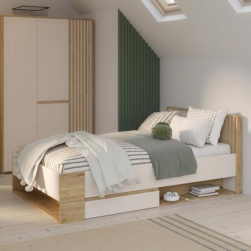 Forte ELISTON Bett, Liegefläche: 120x200 cm, modernes Bettgestell mit Lamellendesign, Schlafzimmer, Mauvella Eiche Holzdekor|Kashmir Beige, 130 cm breit x 84 cm hoch x 210,3 cm tief