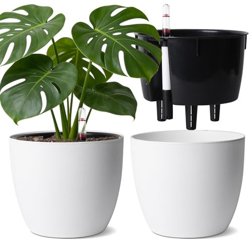 T4U 2-Pack Självvattnande Kruka 20 Cm Med Vattennivåindikator, Blomkruka För Inomhusbruk För Nybörjare Och Upptagna Personer, Självvattnande För Murgröna Och Pothos, Inne- Och Utomhusbruk (Vit)