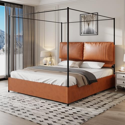 vutizal Cama con dosel de metal, 180 x 200 cm, con espacio de almacenamiento, cama doble con somier, dormitorio juvenil, color negro