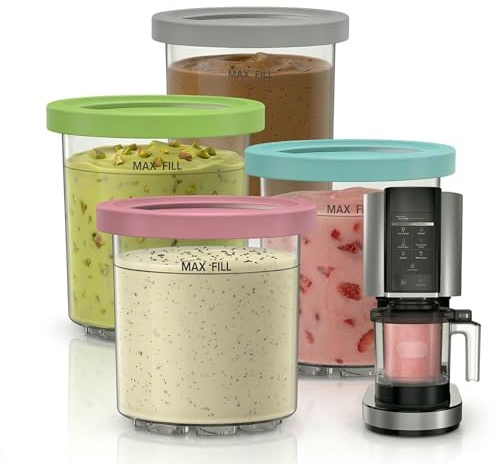 Juego de 4 recipientes de repuesto para Ninja Creami NC301 Serie, 473 ml para hielo con tapas, compatible con NC300 NC299AMZ, sin BPA, accesorio a prueba de fugas para proteínas y helados