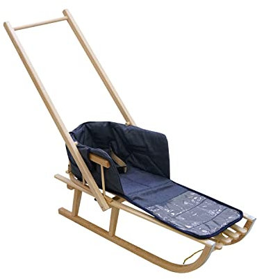 Holzschlitten für Kinder mit Rückenlehne Rodelschlitten Davoser Schlitten aus Holz mit einem Sicherheitsgurt und Matratze (Natur/dunkelblaues Leinen)