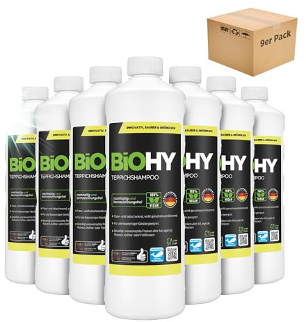BiOHY Carpet Shampoo (9 x 1l Bottle) | Carpet Cleaner Ideal for Removing Stubborn Stains | Specially Developed for Washing Vacuum Cleaners (Teppichshampoo)