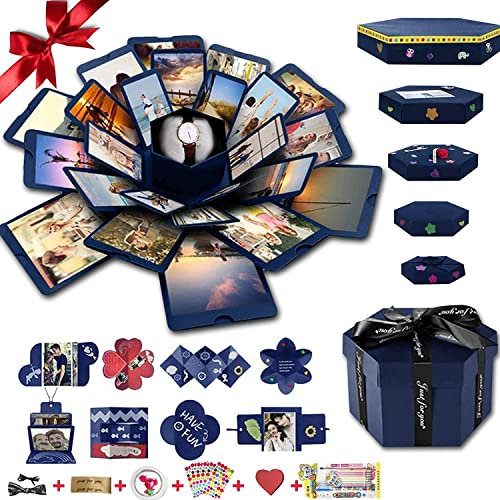 Wanateber Explosion Box, DIY Explosion Geschenkbox für Handgemachte Fotoalbum Box mit 6 Gesichtern für Geburtstagsgeschenk, Muttertag, Hochzeit oder Valentinstag (Blau)