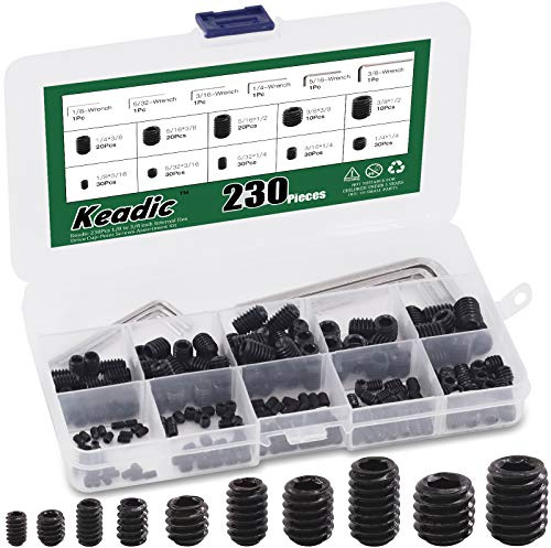 Keadic 236Pcs Internal Hex Drive Cup-Point Grub Screws Assortment Kit - 1/8 to 3/8 Inch, 10 Sizes With 6 Wrenches - 12.9 Class Alloy Steel for Door Handles, Faucet, Light Fixture