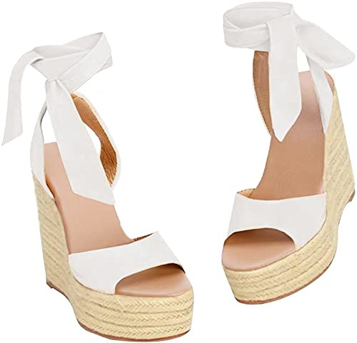 Womens Espadrilles Wedges Sandals Heels Open Toe Tie Lace Up Platform Ankle Strap Summer Dress Shoes, White, Size 8.5