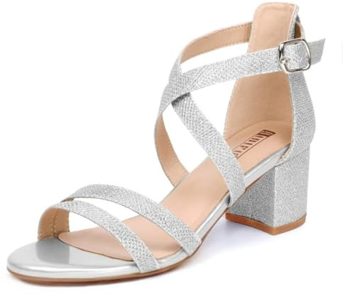 IDIFU Women's Block Low Chunky Heel Strappy Sandals Open Toe Ankle Strap Dress Wedding Evening Shoe for Women Bridal (Silver Glitter, 7 M US)