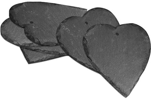 mtb more energy 6er Set Schiefer Schilder Täfelchen - 7 x7 cm - Herzform mit Loch - zum selbst Beschriften für Garten, Haushalt, Basteln, Geschenke