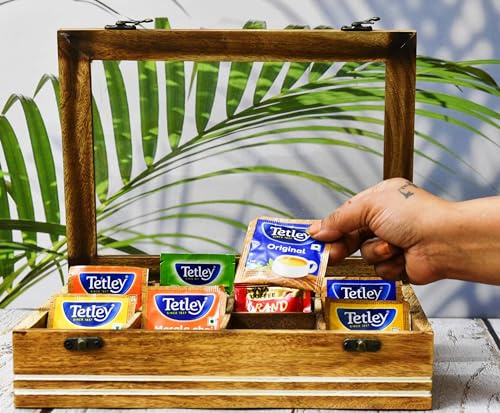 Wooden Tea Box - For Tea Bags Organiser - Engraved Hardwood Tea Chest with12 Compartments - Tea Storage Box Multi Functional - Wood Tea Box Organiser - 12 x 9 x 3 Inch (12 compartment box)