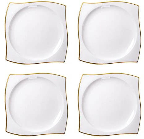 Plato De Porcelana Blanca,Decoración De Phnom Penh,Borde Curvo Del Plato Llano Cuadrado, Plano Plato Grande,Plato Llano De Porcelana,4 Piezas Plato de porcelana Plato llano(26.8cm ( 10.5 inch ))