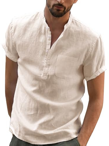 DUOLUVA Leinen Hemd Herren Kurzarm Sommer Shirt Männer Henley mit Brusttasche Universal Fit