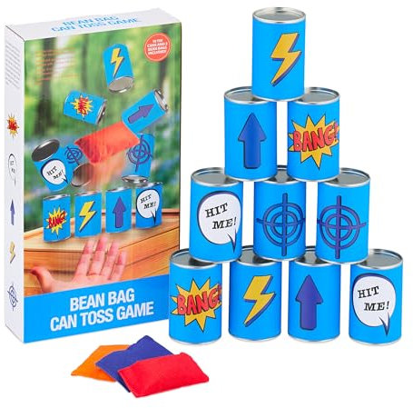 Relaxdays Dosenwerfen für Kinder, Büchsenwerfen Garten, 10 Blechdosen & 3 Säcke, Wurfspiel für Kindergeburtstage, blau, 1 Stück