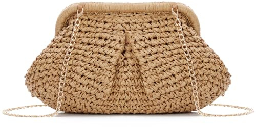 EVEOUT Clutch de Paja Mujer Bolso Nube de Boda Fiesta Paja con Cadena Bolsos bandolera Tejido para Vacaciones Playa