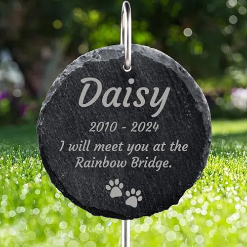Jodimitty Personalised Pet Memorial Plaque with Hook Stake, Custom Name & Life Span & Message & Pattern, Engraved Plaques Stand Grave Stones Dog Cat Memorial Gifts Keepsakes (Round)