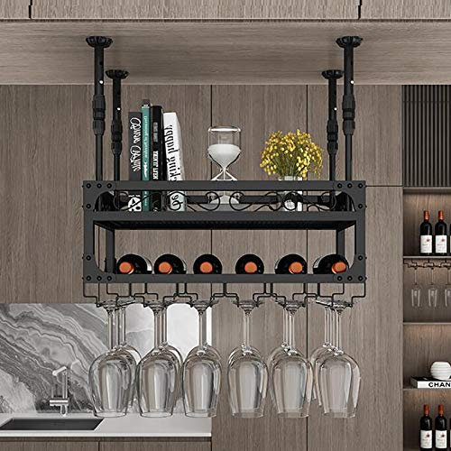 IBOWZ Deckenverzierung Deckenregal Industrielles hängendes Weinregal, verstellbares Decken-Weinglasregal, Weinkelchhalter aus Metall, 2-lagiges Weinglasregal, für Bar, Küche, Restaurant