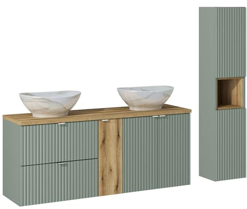 Lomadox Badezimmer Badmöbel Set 2-teilig in grün und Eiche mit 140cm Waschtisch