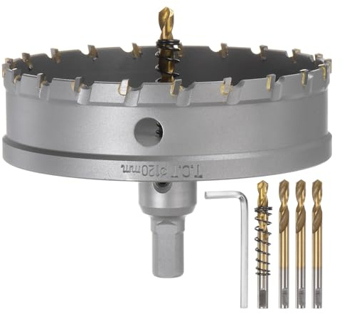 sourcing map Kit de scie-cloche en carbure de tungstène de 120 mm avec 5 forets centraux, ressorts, 1 clé pour acier inoxydable, cuivre, fer, aluminium