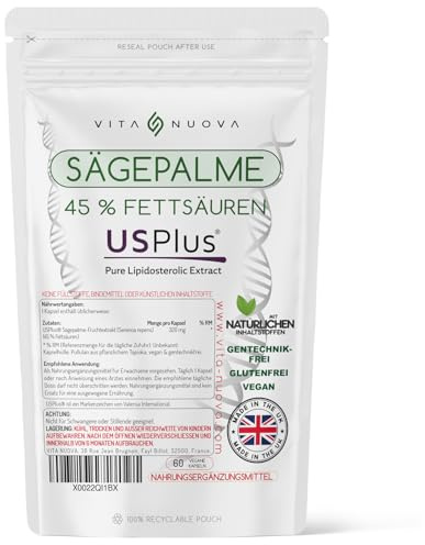 Neu: Sägepalmextrakt – 45% Fettsäuren – 60 Kapseln – Hochdosiertes Sägepalme – USPlus® – Ohne Zusätze – GMP-Qualitätssicherung – Vegan (60 Kapseln - Beutel)