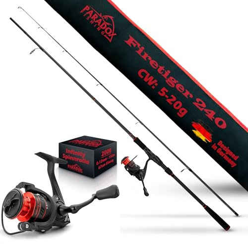 Paradox Fishing Firetiger Spinnrute mit Rolle I 2,4m 5-20g mit 2000 Rolle I Spinnruten perfekt für Barsch Rute