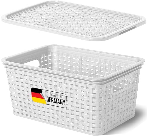 Novaliv Aufbewahrungsbox mit Deckel Klein 5L Korb Weiß in Rattan Design Lebensmittelecht Aufbewahrungskorb Stapelbox Nestbar Kunststoff BPA-frei Kiste Verstaubbox mit Deckel