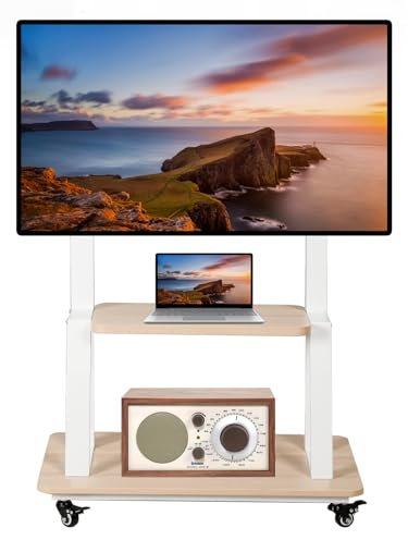Mobile TV Ständer Rolling TV-Wagen für 32-75 Zoll TV Ständer Rollbar mit Rädern Flat/Curved LED/LCD/OLED höhenverstellbar Heavy-Duty Portable Floor Stand mit Holzregal Hält bis zu 100lbs Weiß