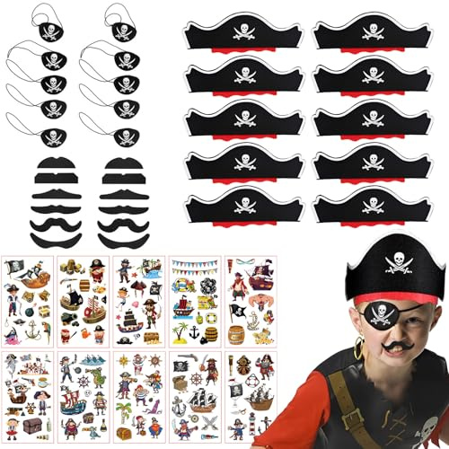 Scinzene 42 Piraten Deko Kindergeburtstag Set, 10 Piratenhut Kinder, 10 Augenklappe, 10 Piraten Tattoos und 12 Piratenbärte - Perfekte Deko für Piratenparty, Piratengeburtstag, Halloween und Karneval
