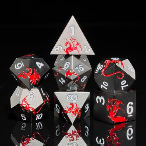 HNCCESG Juego de dados de metal de dragón negro y rojo, 7 PCS dados DND de aleación de zinc pesado con caja de regalo magnética para juegos de rol de mesa RPG (dragón negro y rojo)