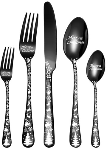 XIAOYU 5 Pezzi Set Di Posate In Acciaio Inossidabile Con Maniglie Uniche Modello Albero Di Natale, Per Natale, Halloween, Pasqua, Nero