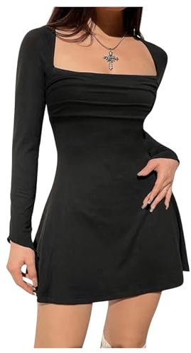 GORGLITTER Women's Square Neck A Line Tiered Ruffle Dress Ruched Long Sleeve Swing Mini Dresses Black M