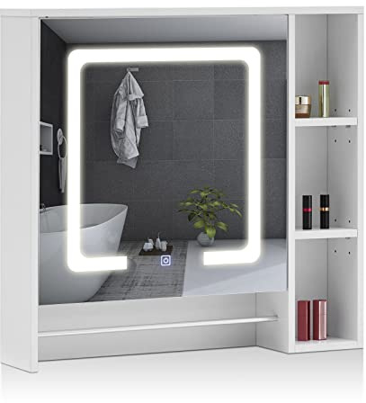ZBAOLTO Spiegelschrank 1 Tür, LED, verstellbare Böden, Wandmontage | Für Badezimmer und Duschraum, leicht erreichbar, modernes Design, 75×70×15 cm