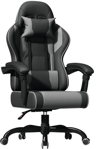 JUMMICO Massage Gaming Stuhl, Bürostuhl Ergonomisch mit Lendenwirbelstütze, Computerstühle Racing Bürostühle Gaming Sessel,Schreibtischstuhl 150kg Belastbarkeit, DunkelGrau
