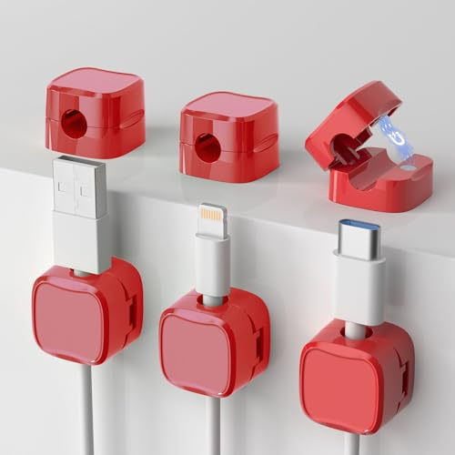 Leapop Kabelhalter Kabelclips,Magnetischer Kabel Organizer,6 Stück Kabelhalter Selbstklebend Kabelklemmen,Kabelorganizer für Schreibtisch/Wand,für Zuhause,Büro,Auto,Küchengeräte (Rot)