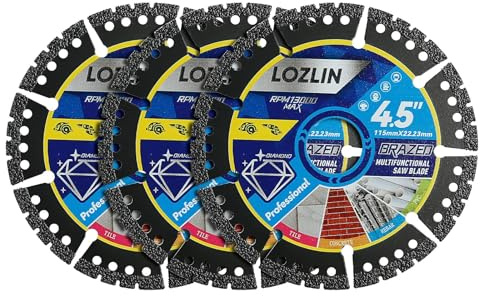 LOZLIN Diamond Blades 3-Pack 4.5 Diamond Multi-Purpose Saw Blades - Heavy Duty Angle Grinder Discs for Cutting Marble/Quartz/Stone/Tile/Metal/Plastic