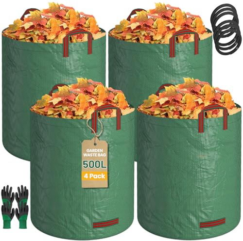 EsLuker.ly 4 Pack Garden Lawn Leaf Waste Bags, 109 Gallons Reusable Yard Litter Bag with 2 Pairs Gardening Gloves, Heavy Duty Trash Containers with Handles for Outdoor Cleanup, Ideal for Homeowners