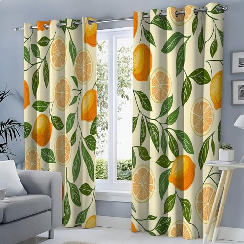 GSAEIMCT Orange Green Green Leaf Lemon Curtains,Fruit Plants With Blackout 3D Printed Curtain,Thermal Insulated Eyelet Window Drapes For Living Room Bedroom House Decor,2 Panels W 46 X L 72