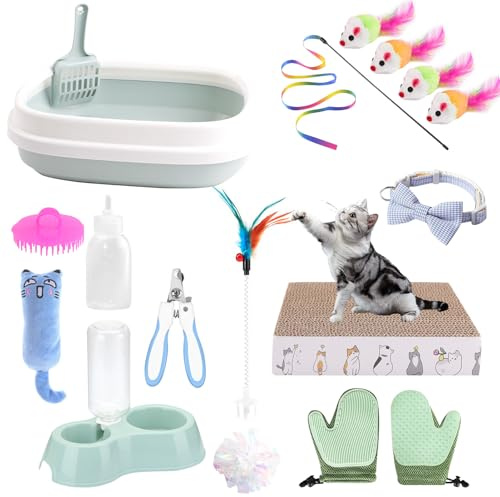 Kitten Starter Kit - 16 Pcs Cat Essentials Set Includes Litter Box | Toys, Collars, Scratch Pad, Nail File, Automatic Feed Bowls, Grooming Gloves (Blue, 16 Pcs)