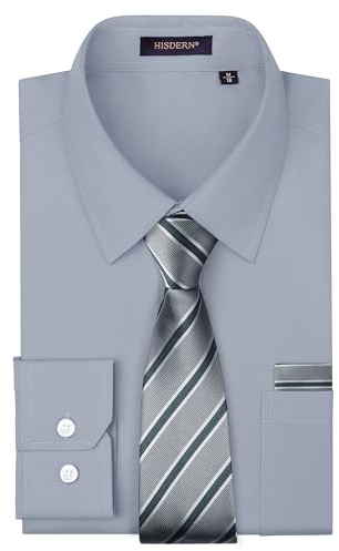 HISDERN Mens Long Sleeve Shirt and Tie Sets Grey Shirts for Men with Pocket Business Wedding Office Formal Casual Regular Fit,L