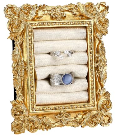 FINGERINSPIRE Vintage Ringhalter 101x82x23mm Rechteckiger Schmuckring Präsentationsrahmen 5 Schlitze Goldfarbener Kunstharz Ständer Mit Antikweißem Stofffutter Für Schmuck Präsentation