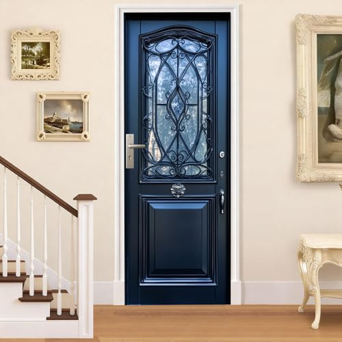 Cmialusie Peel and Stick Door Wallpaper 30.31 x 78.74 Inch Dark Blue Front Door Sticker Glass Panel Decorative Door Cover Center Split Design Door Mural for Home Decor
