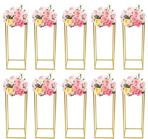 FROPIJ Set om 10 blomstativ guld, 60/80 cm metall växtstativ hög geometrisk blompelare, metall rektangulär vas för bröllop hjärta bord (24 x 24 x 60 cm)