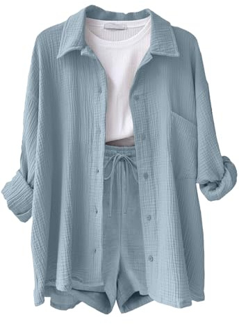 Joligiao Completo Donna Elegante 2 Pezzi in Lino e Cotone Estivo Tuta da Donna Estivi Camicia a Maniche Lunghe e Pantaloncini con Coulisse e Tasche Sportivo Tuta da Spiaggia(Blu,L)