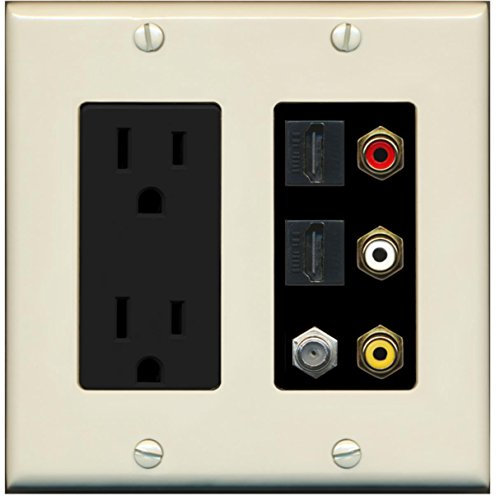RiteAV - 2 x 15 Amp 125V Presa di alimentazione 3 x RCA - 2 X HDMI e 1 x Cavo coassiale TV Port Piastra a muro - Mandorla chiaro/Nero