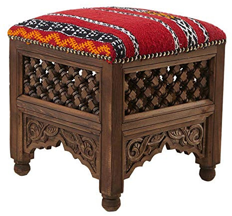 Casa Moro Marokkanischer Hocker Sana orientalischer Polsterhocker 42 x 42 Sitzhöhe 45 cm Fußhocker mit handgeknüpftem Kelim-Bezug EIN Traum aus 1001 Nacht KH2020
