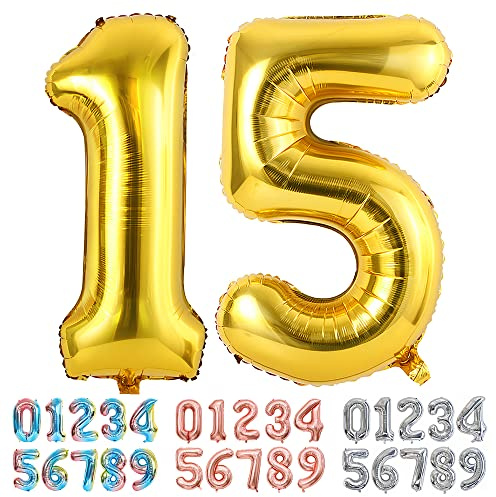 Ponmoo Foil Globo Número 15/51 Dorado, Gigante Numeros 0 1 2 3 4 5 6 7 8 9 10-19 20-29 30 40 50 60 70 80 90 100, Grande Globos Decoración para La Boda Aniversario y Cumpleaños Fiestas