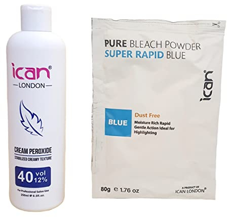 Ican London Lot avec crème peroxyde professionnelle, 40 volumes 12 %, 250 ml, et poudre décolorante bleue rapide, 100 g